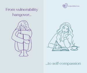 Split image: Left side shows the words ‘from vulnerability hangover’ with line art of a woman hugging her knees. Right side says ‘to self-compassion’ with line art of a smiling woman reading a book and holding a cup of tea.