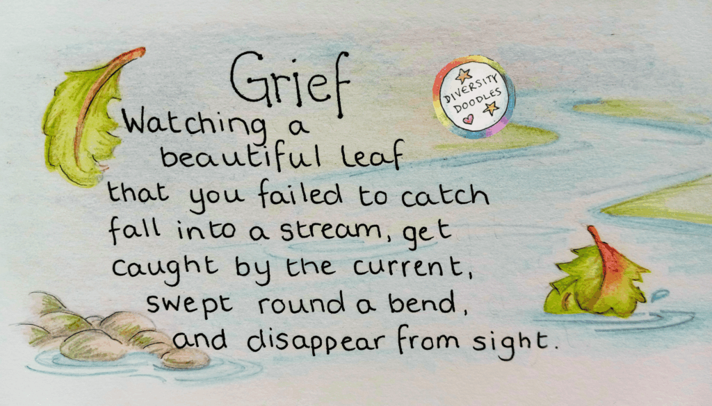 Pencil drawing by Diversity Doodles of leaves in a stream. Overlay text reads: Grief. Watching a beautiful leaf that you failed to catch fall into a stream, get caught by the current, swept round a bend, and disappear from sight